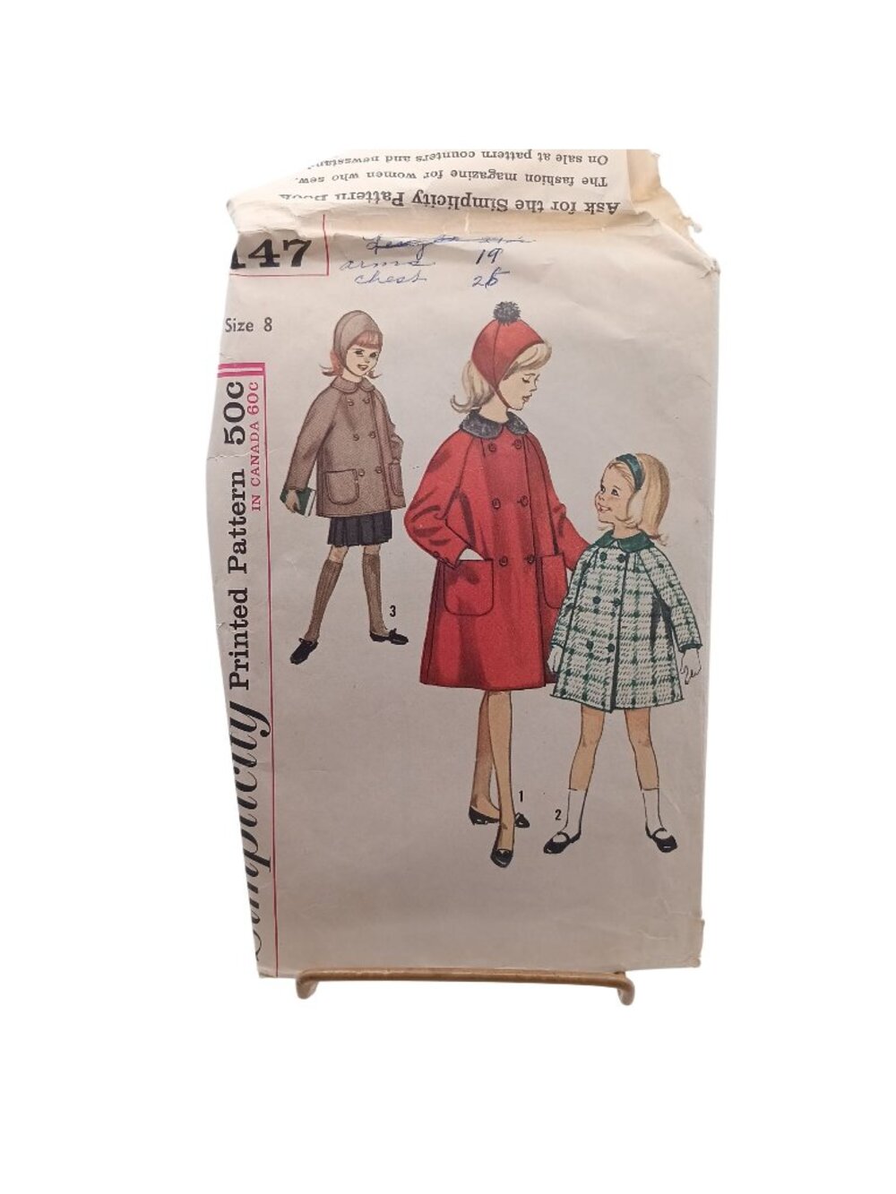 Simplicity Girls Coat & Hat Sewing Pattern No. 5147 Size 8 Double-Breasted Desig